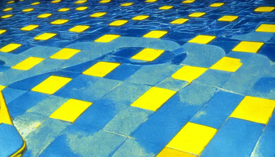 Image similar to 1 9 6 0 s movie still of an empty blue and yellow tiles municipal swimmingpool, low quality, liminal space style