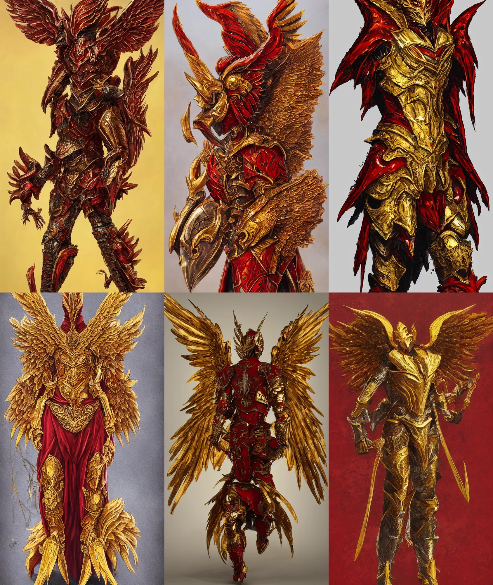 Prompt: Frontal view of a set of armor, phoenix-inspired, full body, empty, ornamental, Red, Gold, wings, d&d, intricate, fantasy, Acrylic painting, trending on artstation, artstationHD, artstationHQ, cgsociety