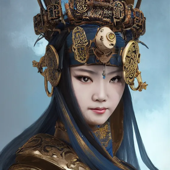 Image similar to ancient chinese princess with steampunk mask, dynasty warriors, divine, unreal engine, 8 k, blue color scheme, headshot, highly detailed, smooth, ink painting, artstation, concept art, in style of yoji shinkawa, pan ren wei, col price, atey ghailan, by greg rutkowski, aesthetic