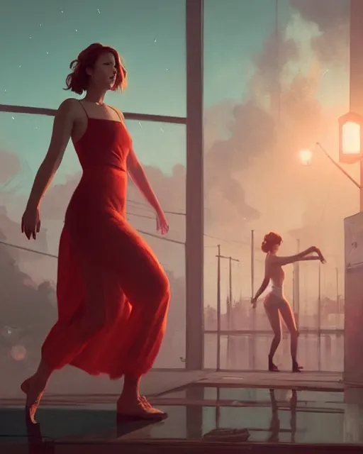 Prompt: Jennifer Lawrence dancing behind red curtains, 🍑, in GTA V, Stephen Bliss, unreal engine, by Greg Rutkowski, Loish, Rhads, Makoto Shinkai and Lois van baarle, ilya kuvshinov, rossdraws, global illumination, radiant light, detailed and intricate environment