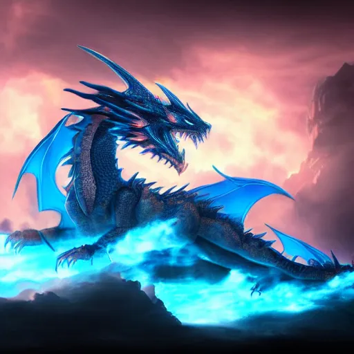 Prompt: a symmetrical dragon slightly covered in blue flames while roaring at the sky, low angle, concept art, cinematic pose, trending on artstation deviantart, 8k UHD, extremely detailed