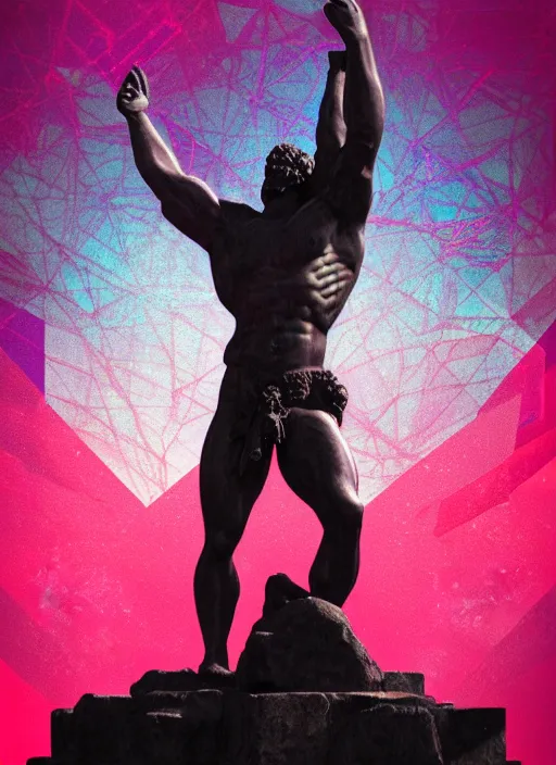 Image similar to black background with subtle red and purple geometric design elements, statue of hercules, nekro, graphic design, collage art, dark, glitch art, neo vaporwave, gritty, layout frame, trending on artstation