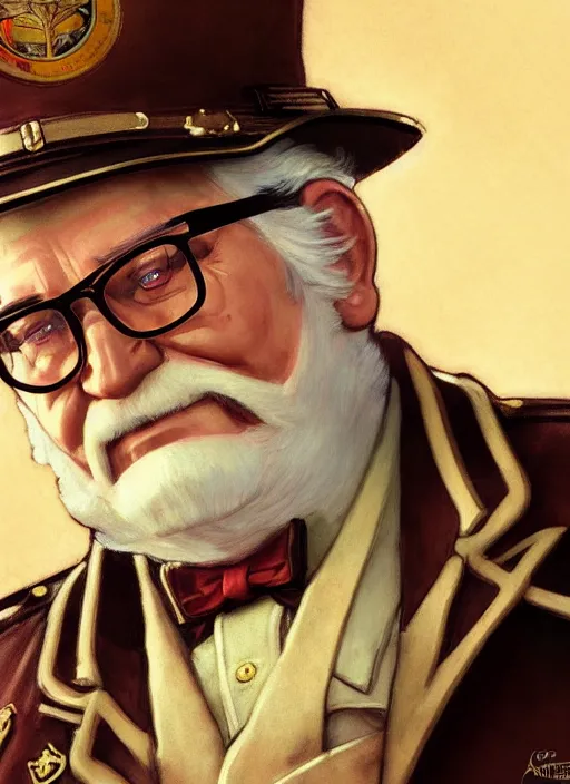 Image similar to close up portrait of colonel sanders, decorated civil war veteran, union uniform by artgerm, cushart krenz, greg rutkowski, mucha. art nouveau. gloomhaven, military symbolism, fried chicken, sharp edges. ultra clear detailed. 8 k. elegant, intricate, octane render