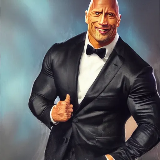 Image similar to an oil painting of dwayne johnson wearing wearing a fancy elegant suit, by artgerm, hd, hdr, ue 5, ue 6, unreal engine 5, realistic anime 3 d style, cinematic 4 k wallpaper, 8 k, ultra detailed, gta cover art, high resolution, artstation, award winning