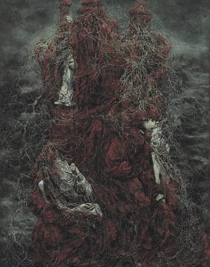 Image similar to worshippers in tattered robes belonging to the cult of the lighthouse standing in waves, a lighthouse, high detailed beksinski painting, part by adrian ghenie and gerhard richter. art by takato yamamoto. masterpiece, dark and moody, deep colours,