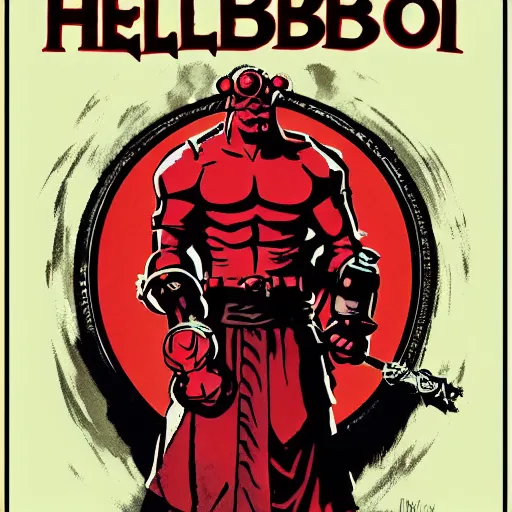 Prompt: A Hellboy movie poster in the style of Alfonse Mucha