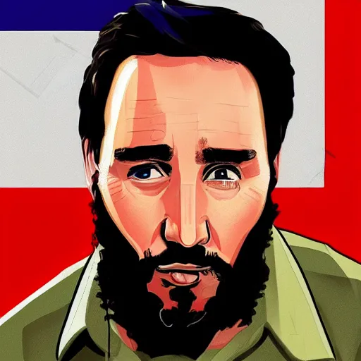 Prompt: justin trudeau as fidel castro in GTA V, cover art by Stephen Bliss, no text