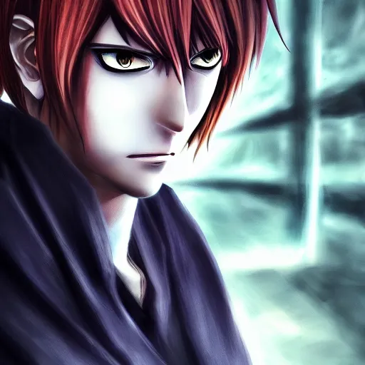 Image similar to yagami light ( kira ) from death note, art by wlop, 8 k, full hd, huper realistic