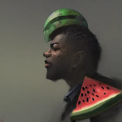 Image similar to side portrait of a goofy looking black guy with a watermelonmelon fruit helmet that covers only the top of his head by greg rutkowski