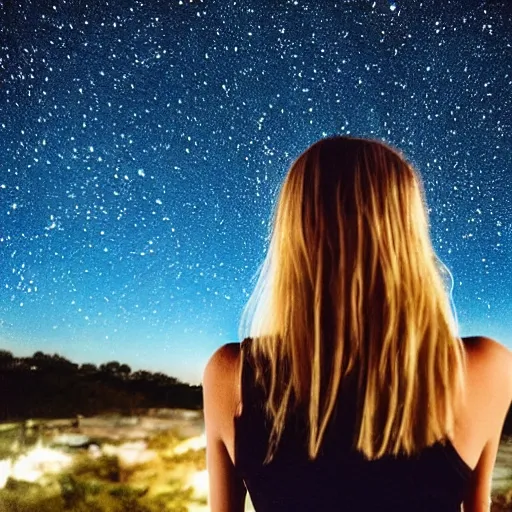 Image similar to “Detailed photo of a white, adolescent girl as seen from the side from the shoulders up. The girl has shoulder-length straight blonde hair and blue eyes. She is looking up slightly at a night sky filled with dazzling stars with a hopeful, awe-filled expression. Illumination from starlight. 4K”