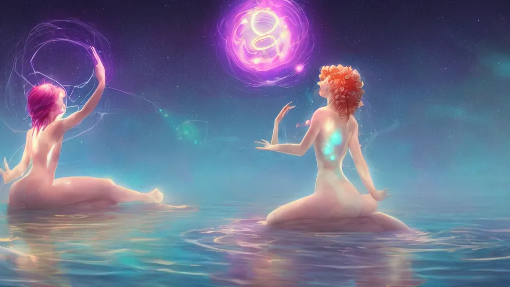 Image similar to a beautiful whimsical goddess floating above a lake basking in the moonlight, casting a spell, underneath a multi-colored binary blackhole with an accretion disc, glowing trails following her arms, acidwave, by Lois van Baarle, by Greg Rutkowski, by artgerm, by beeple, by studio ghibli, cinematic angle, volumetric lighting, 4k resolution, octane render, trending on artstation, masterpiece