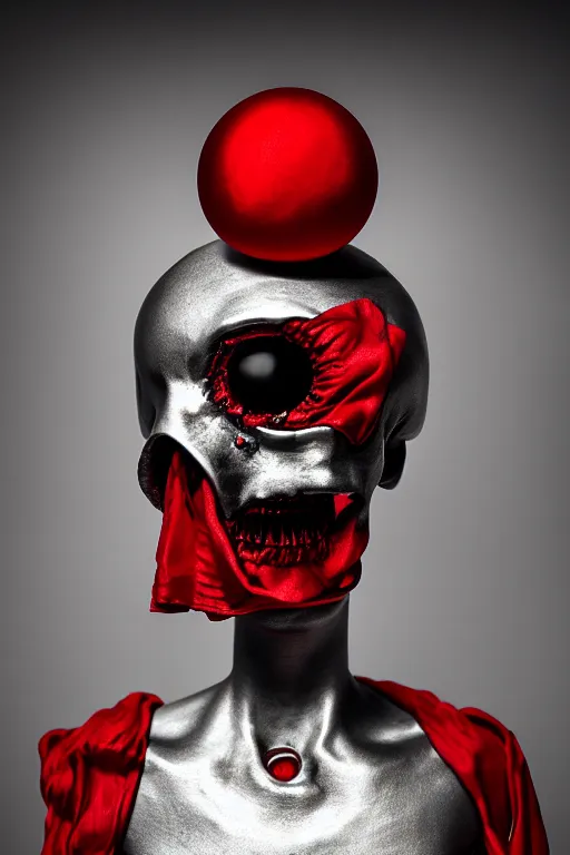 Image similar to chrome one eyed cyclop cracked skull statue layed on a red silk fabric, by hedi xandt and antonio corradini, macabre art, dark surrealism, epic and cinematic view, volummetric light, texturized, detailed, 8 k