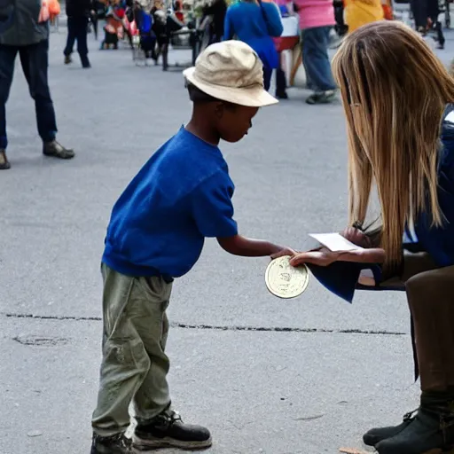 Prompt: a child exchanging a ticket for a coin from an adult, photorealistic