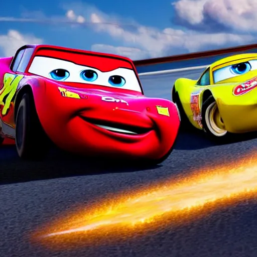 Prompt: lightning mcqueen racing against jackson storm in cars 3 movie