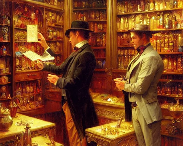 Prompt: attractive magician man, in magic shop. highly detailed painting by gaston bussiere, craig mullins, j. c. leyendecker