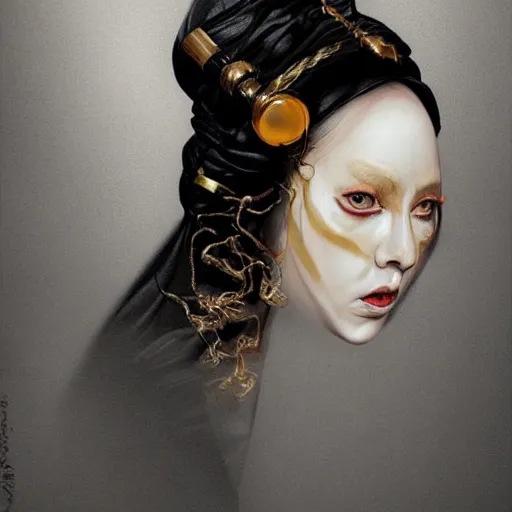 Image similar to portrait of a Shibari rope wrapped face and neck, headshot, insanely nice professional hair style, dramatic hair color, digital painting, of a old 16th century, Black Nun, amber jewels, baroque, ornate clothing, scifi, realistic, hyper detailed, chiaroscuro, concept art, art by Franz Hals and Jon Foster and Ayami Kojima and Amano and Karol Bak,