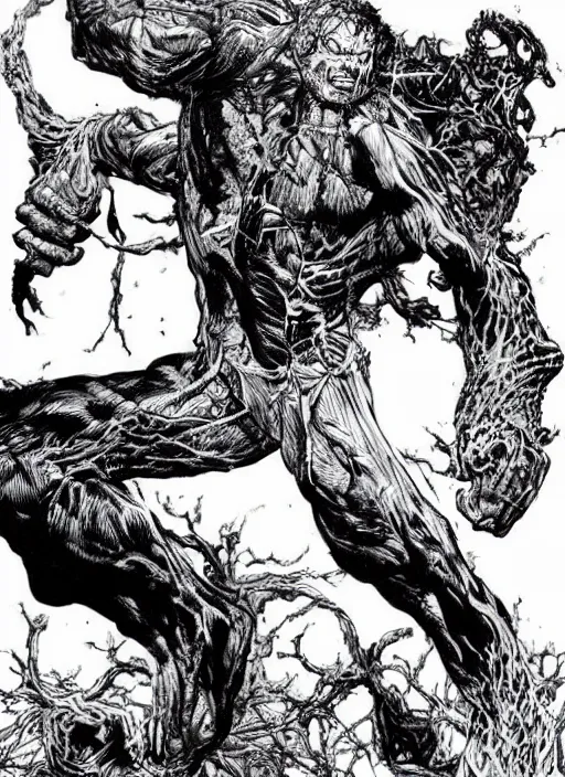 Prompt: man, black white ink art, comic art, high detail, bernie wrightson art, jimlee, petruk, gareng