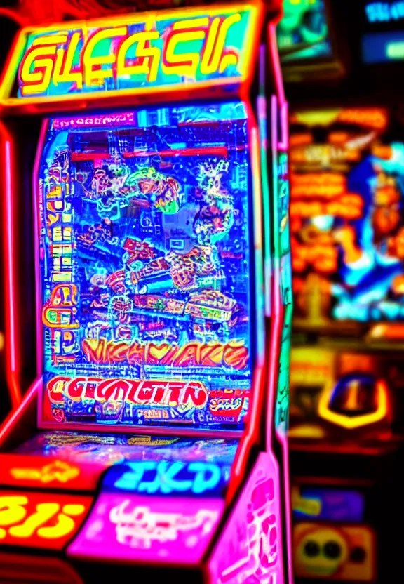 Image similar to cyberpunk gashapon machine, neon sign that says glitch, in an arcade