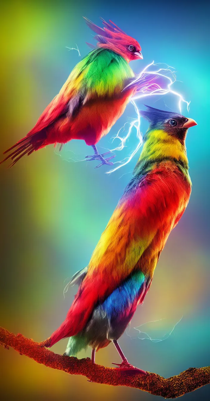 Prompt: realistic photo of multi colored futuristic bird sitting on tree, sharp focus, smooth background, cinematic lightening, wide angle shot, very hyper realistic, highly detailed, fantasy art station