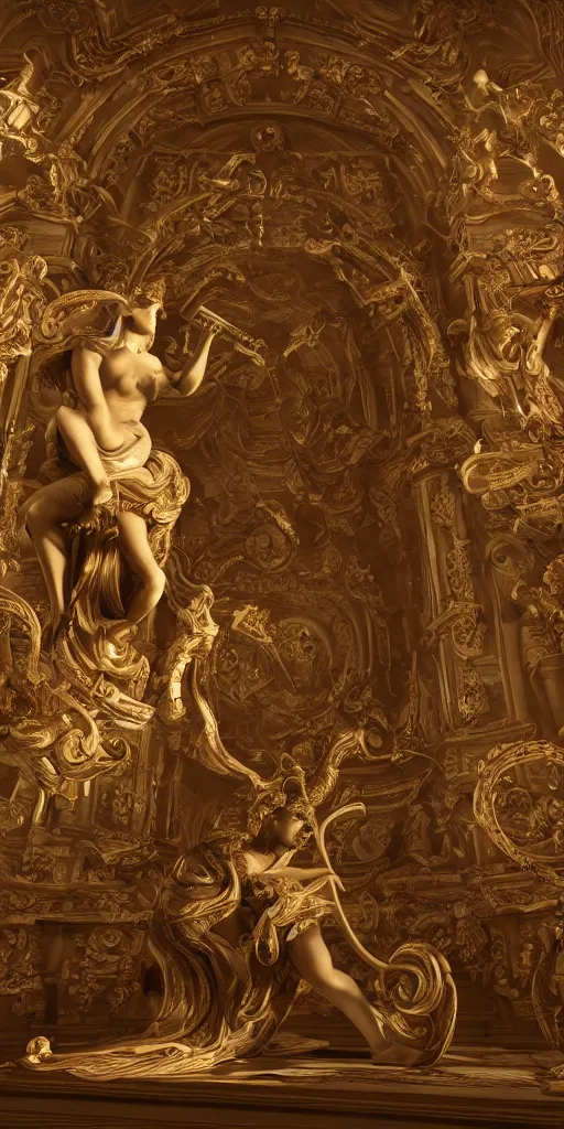 Image similar to an epic treble clef and sheet music baroque statue devoted to the gods of music, gi, global illumination, physically based rendering, photoreal, small details, intricate