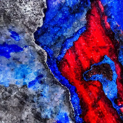 Prompt: vibrant deep blue lapis rock, jagged edges, with streaks of ruby red rock through it, hyper detailed, 8K, super realistic, cinematic, photography, charcoal