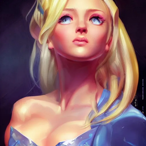 Prompt: portrait of beautiful gamergirl with blond hair and blue eyes, League of Legend illustration by Sam Youn:2, profile picture by Gil Elvgren:2, asymmetrical, Organic Painting, Ambient Occlusion:3, Matte Painting, bold shapes, hard edges, street art, trending on artstation, realistic:2 by Sachin Teng:5