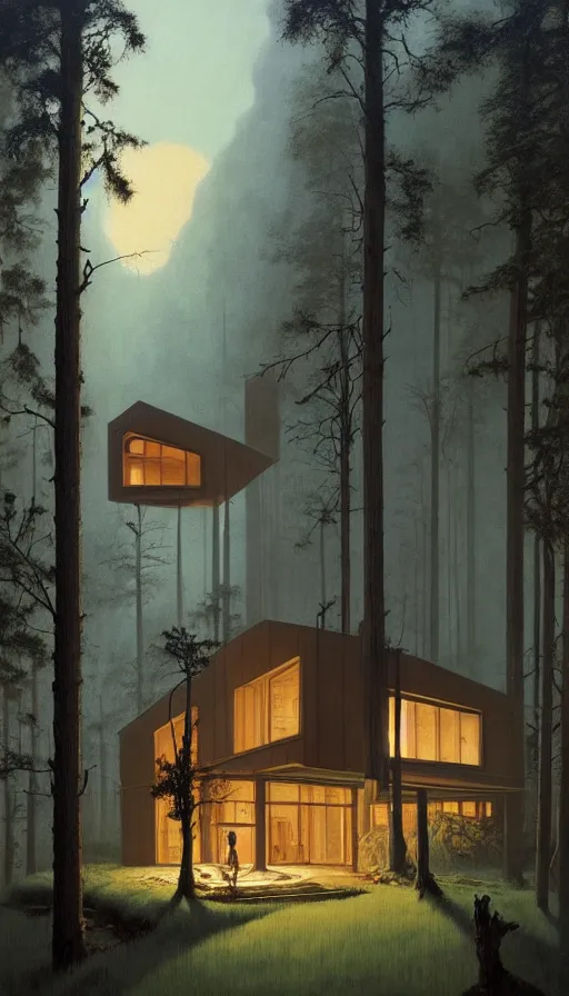 Image similar to cozy ultra modern home in the woods moody lighting, highly detailed, painting by zdzisław beksinski and norman rockwell and greg rutkowskiweta studio, and lucasfilm