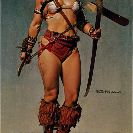 Image similar to portrait of a beautiful savage muscular barbarian female with light leather armor, by norman rockwell