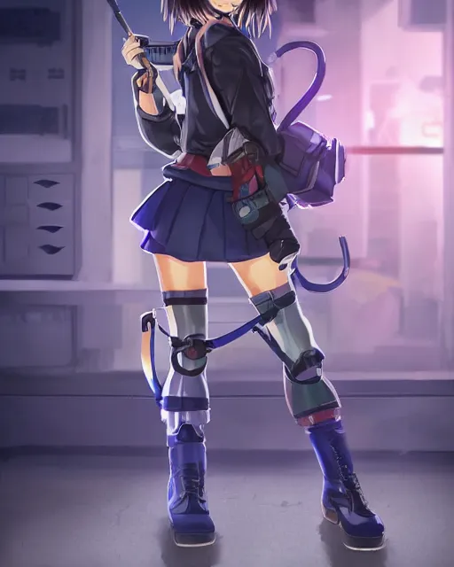 Image similar to full body portrait of anime schoolgirl in mechanic armor in night tokyo by makoto sinkai, perfect face, fine details