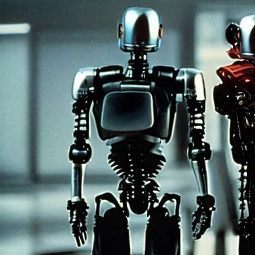 Prompt: johnny 5 dueling robocop and the terminator, cinematic, movie still
