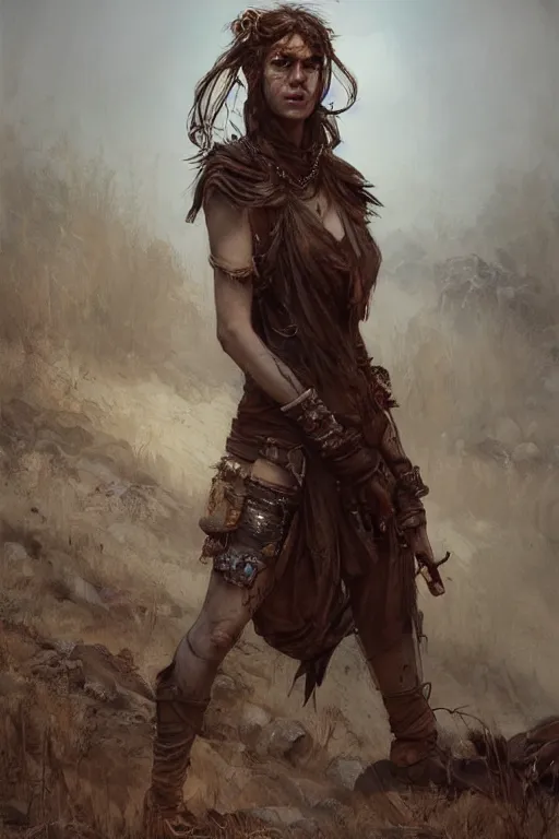 Image similar to a full body portrait of a beautiful post apocalyptic offworld huntsman ’ s quarter bedouin blind pulp fiction scarlet wild rogue barbarian leper begging by the roadside, intricate, elegant, highly detailed, digital painting, artstation, concept art, smooth, sharp focus, illustration, art by krenz cushart and artem demura and alphonse mucha