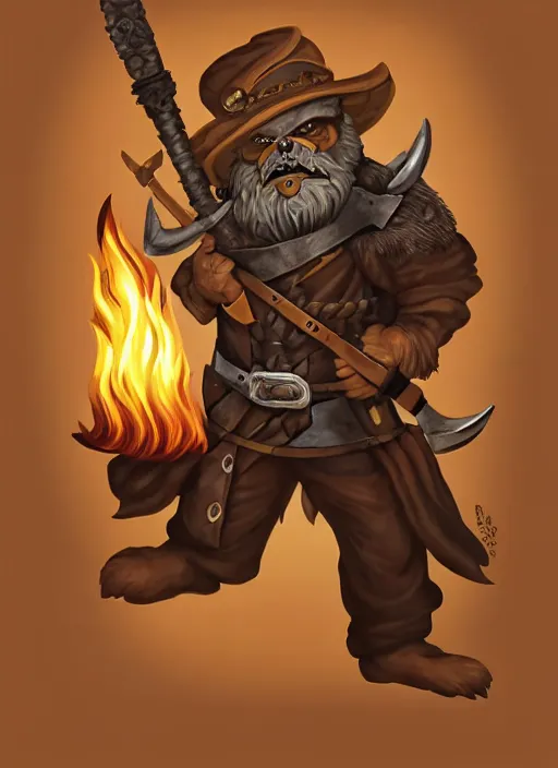 Image similar to bugbear ranger holding a fire sword, exquisite details, black beard, white background, by studio muti