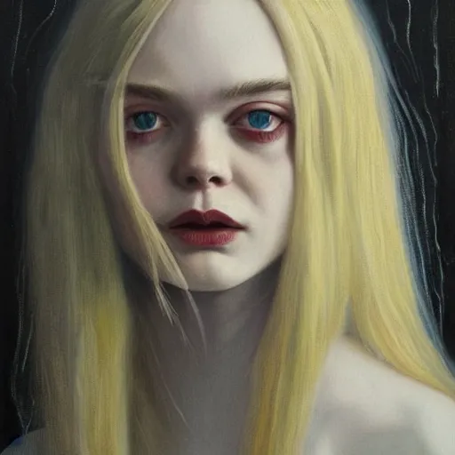 Prompt: a striking oil painting of Elle Fanning , dark, metal, occult, by Edward Hughes