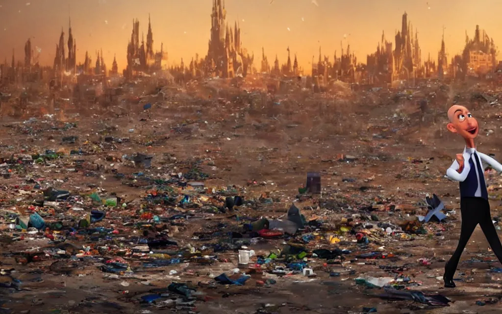 Prompt: a still from a disney animated film of jeff bezos dancing in a desolate wasteland, piles of trash scattered on the ground, city burning far in the background, 4 k