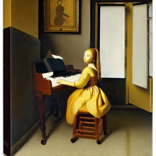 Prompt: octopus playing piano, sitting on the piano stool, oil painting, vermeer