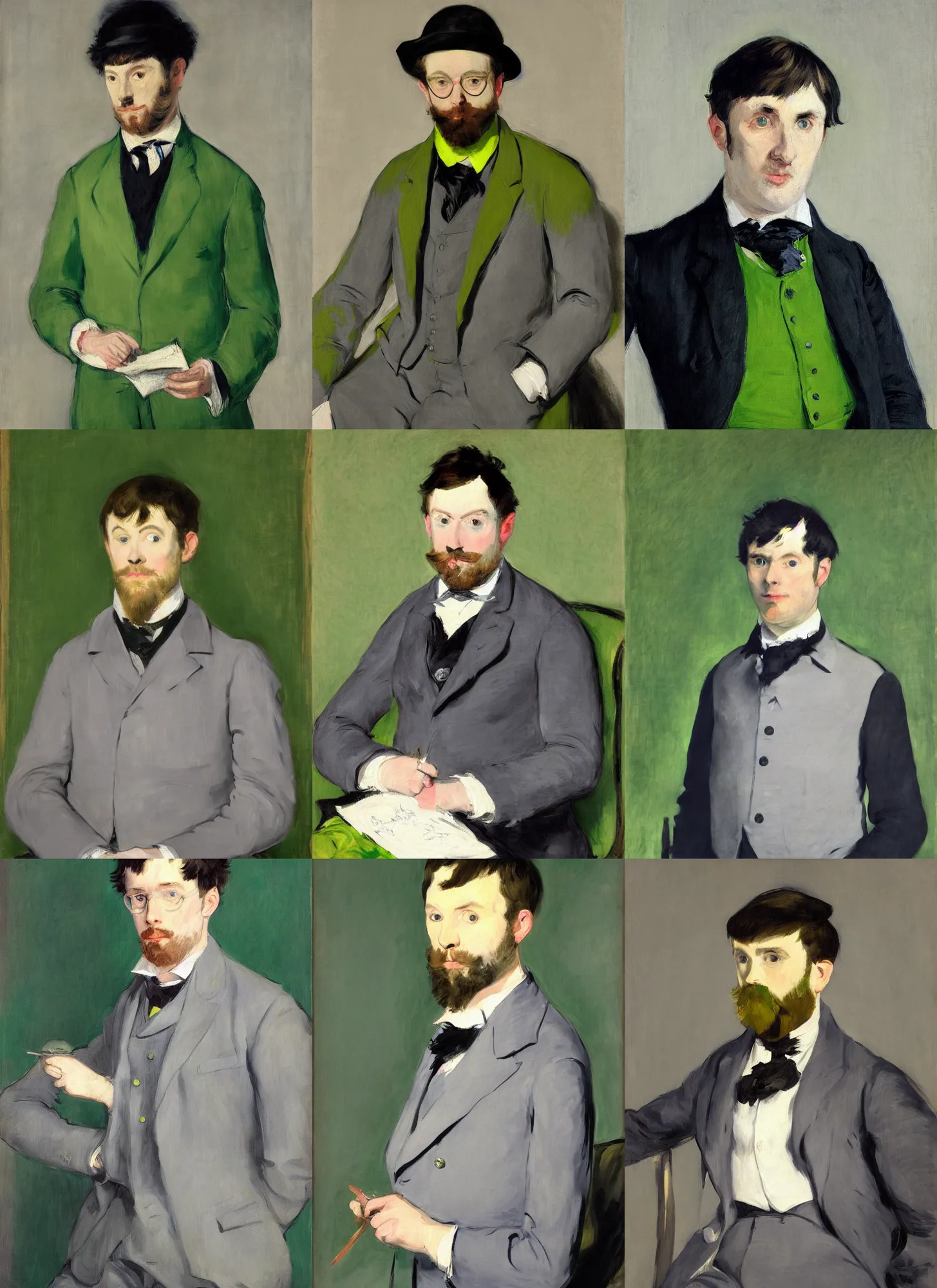 Prompt: portrait of John Egbert wearing a bombastic chartreuse suit, light grey backdrop, oil painting by Manet, super detailed, photorealism, 4k, hd