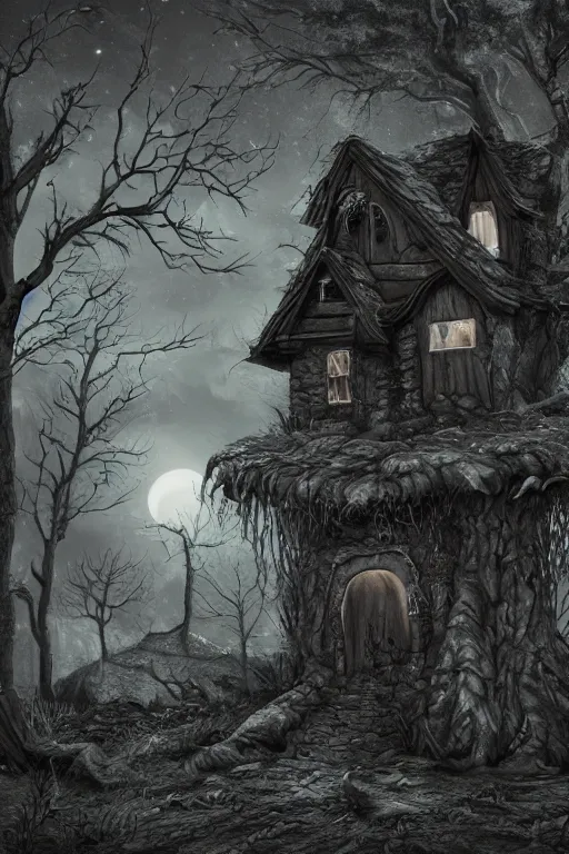 Prompt: a witch's cottage in a moonlit forest, with several broken statues, gnarled trees, a smoking firepit, HD, 4k, 8k, incredibly detailed, intricate, ominous, masterpiece, digital illustration, trending on artstation