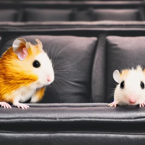 Image similar to photo of two hamsters, bucket of popcorn next to them on a cinema seat, various poses, unedited, dim light, sharp focus, 8 k