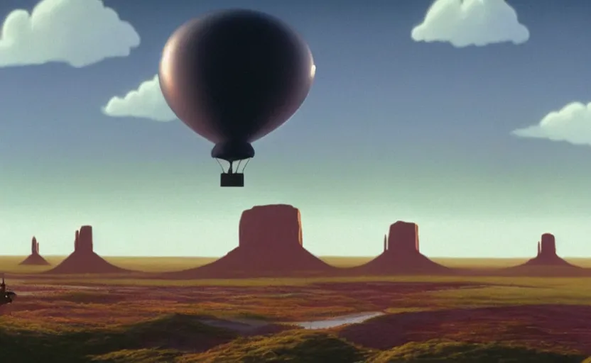Prompt: a hyperrealist cell - shaded cartoon movie still from howl's moving castle ( 2 0 0 4 ) of a huge blimp city floating in a flooded monument valley. stonehenge is seen in the background with shafts of sunlight from above. very dull muted colors, hd, 4 k, hq