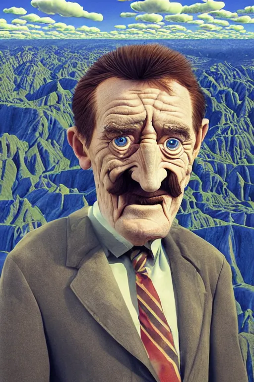 Prompt: Barry Chuckle, emperor of gravy skeletons. Neo-Andean architecture by Freddy Mamani. Painting by René Magritte, 3D rendering by Beeple, sketch by R. Crumb