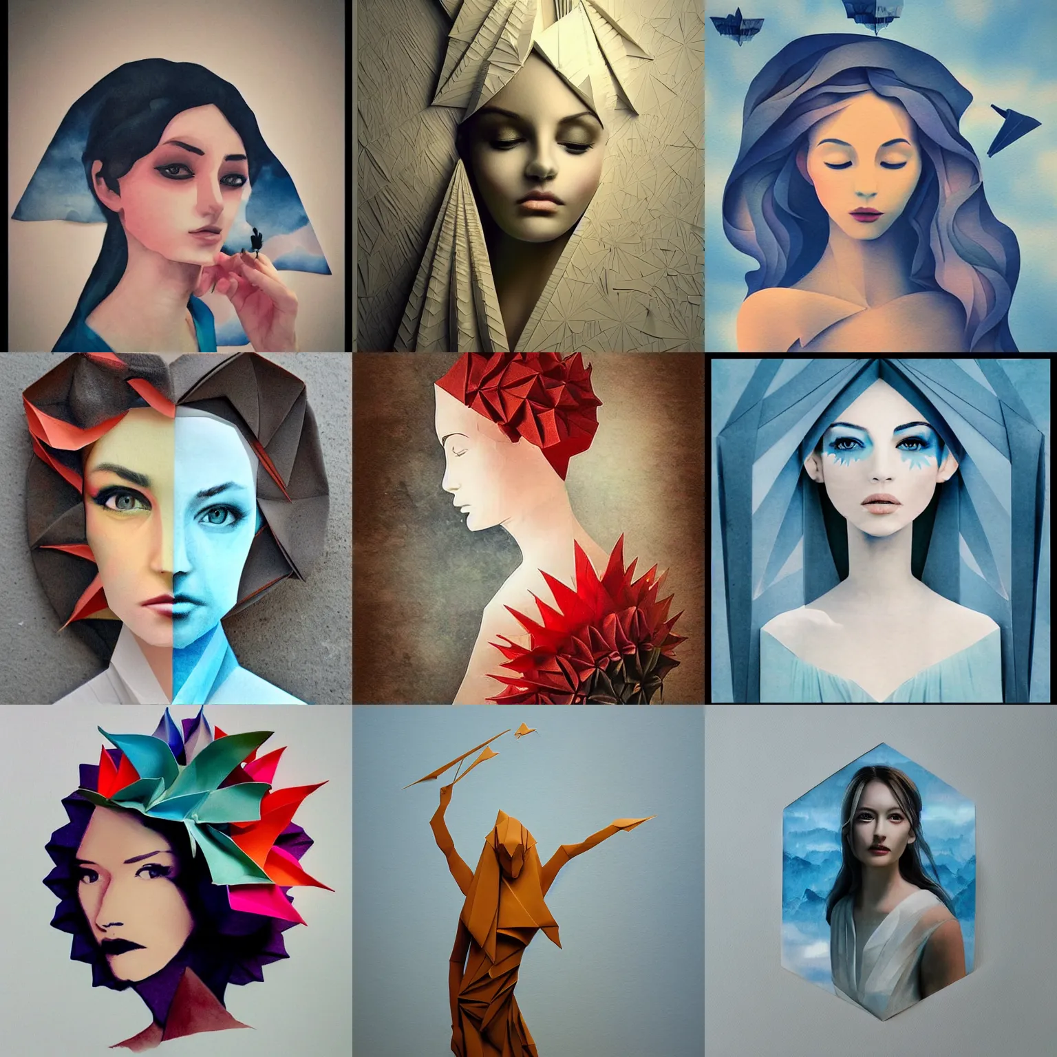 Prompt: a beautiful woman made of origami, a matte painting, inspired by watercolor painting, trending on artshare