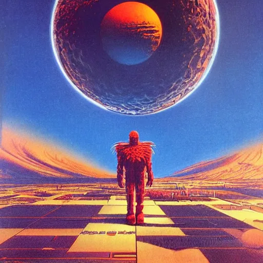 Image similar to elmo in the style of a 7 0 s science fiction novel cover, highly detailed, bruce pennington, peter jones