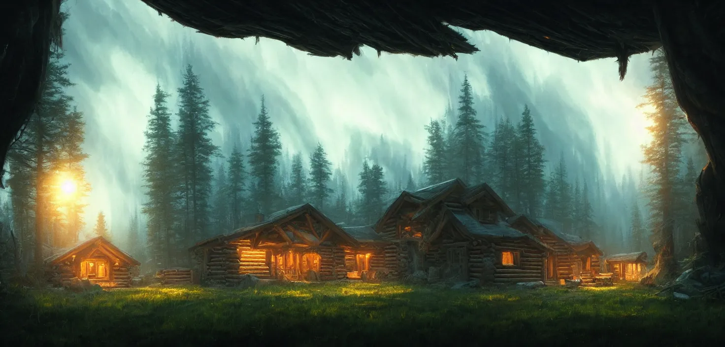 Prompt: concept art of an inside of a cabin in the woods, cinematic view, epic sky, detailed, concept art, low angle, high detail, warm lighting, volumetric, godrays, vivid, beautiful, trending on artstation, by jordan grimmer, huge scene, grass, art greg rutkowski