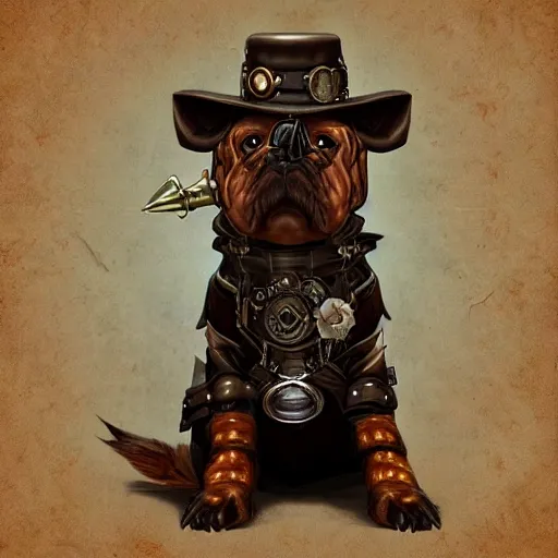 Image similar to poddle dog dressed with inspirations from steampunk style, high detailed, digital art, trending on artstation, devianart, cgsociety