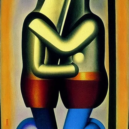 Prompt: Oil painting by Oskar Schlemmer. Two mechanical gods kissing. Dali.