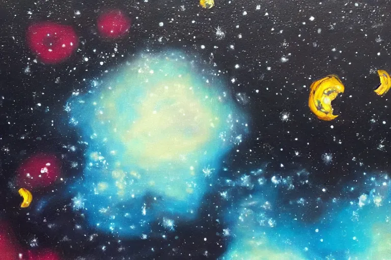 Image similar to hyperrealism oil painting, close - up frozen in an ice cube black flowers and fireflies gradient mixed with nebula sky, in style of baroque