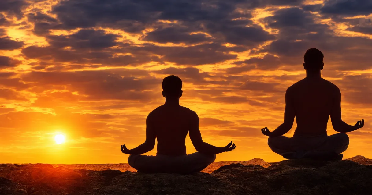 Image similar to wide range backlit photo of a man meditating, at a beautiful sunset, highly detailed, colorful,