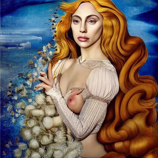 Image similar to photo realistic, hyper realism, lady gaga artpop act ii album, intricate detail, hyper detail, sandro botticelli style, with honey light brown rapunzel hair, detailed, masterpiece, sharp focus,