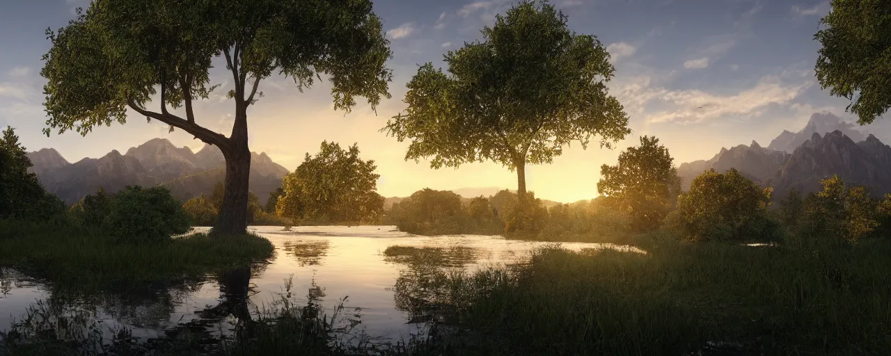 Image similar to big realistic tree near to a river on sunset with reflection on the leaves and mountains in the background, landscape, extremely high fidelity, 8 k, super resolution, concept art, cinematic view, super resolution, unreal engine 5, perspective 3 d octane render, light rays, lens flare, epic, hyperdetailed