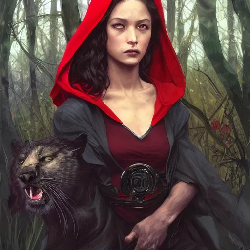 Image similar to Beautiful Portrait of Little Red Riding Hood with a black panther, intricate, wild, highly detailed, digital painting, artstation, concept art, smooth, sharp focus, illustration, art by artgerm and greg rutkowski and alphonse mucha, footage from space camera